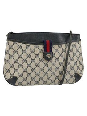 Authentic GUCCI GG Canvas Sherry Line Shoulder Bag PVC Leather Navy Red